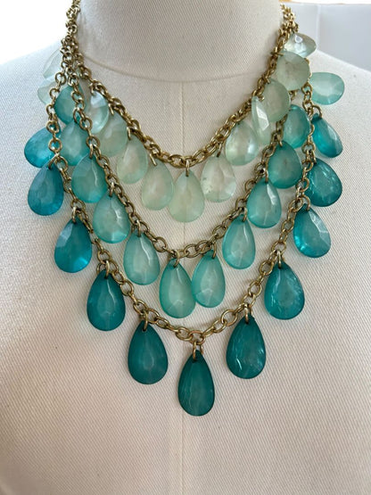 Charming Charlie Statement Tiered Necklace Goldtone Teal Turquoise Color