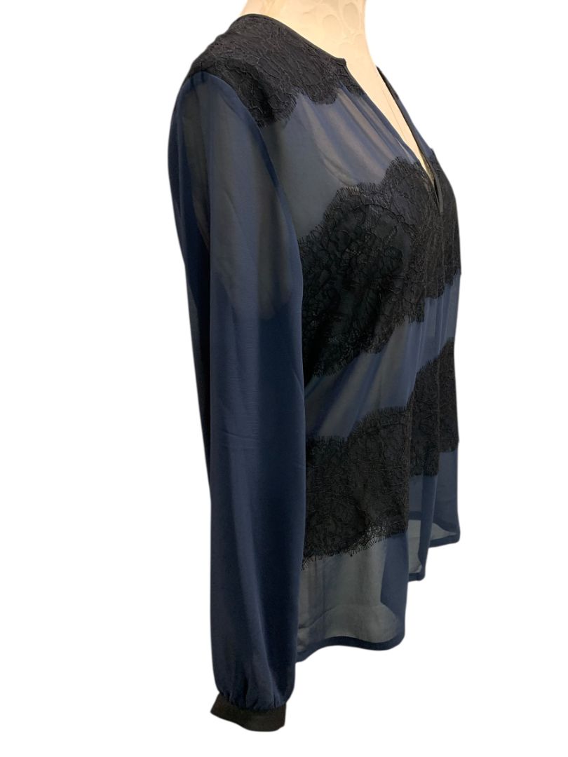 Medium Ann Taylor Womens Sheer V-Neck Pullover Shirt Navy Blue Black