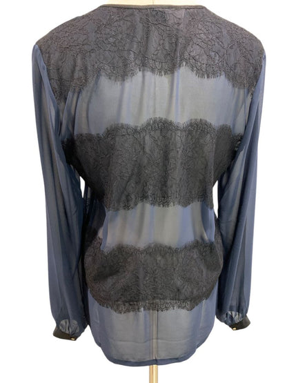 Medium Ann Taylor Womens Sheer V-Neck Pullover Shirt Navy Blue Black