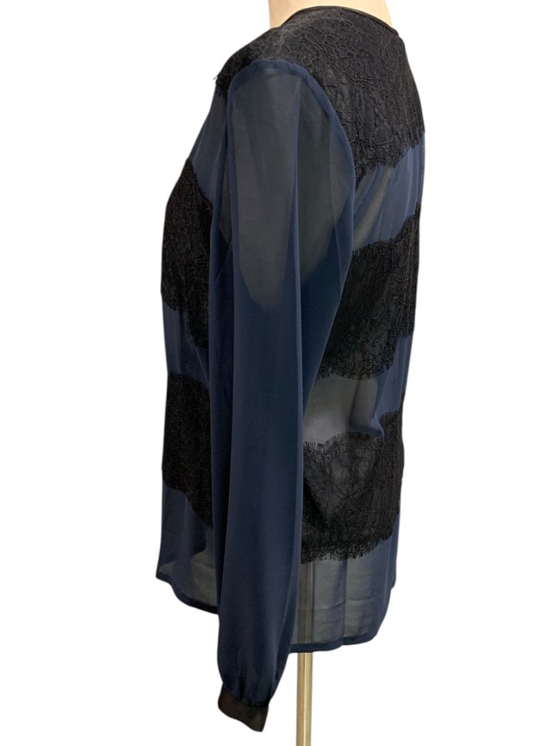 Medium Ann Taylor Womens Sheer V-Neck Pullover Shirt Navy Blue Black