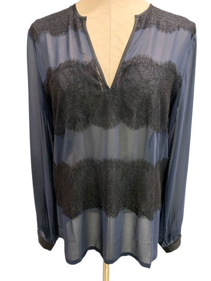 Medium Ann Taylor Womens Sheer V-Neck Pullover Shirt Navy Blue Black