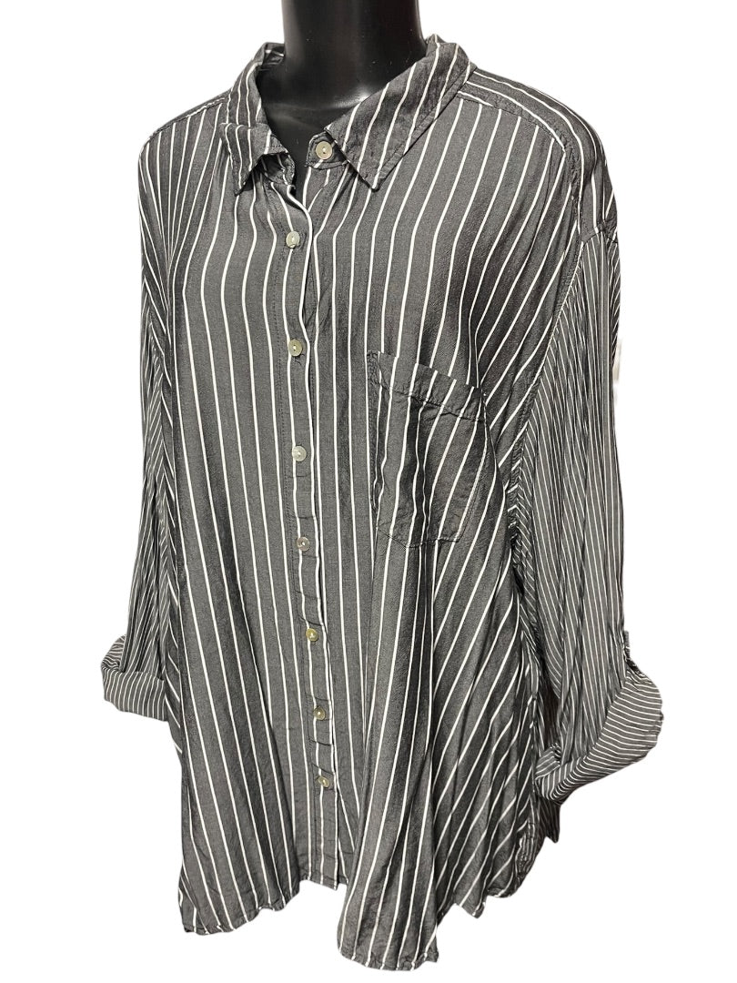 Size 3X Jane & Delancey Striped Roll Tab Sleeve Button Down Womens Top Gray