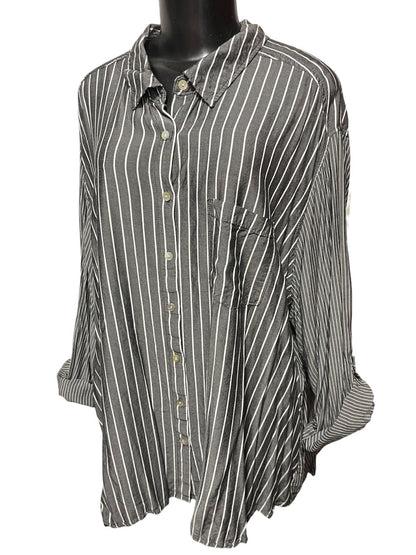 Size 3X Jane & Delancey Striped Roll Tab Sleeve Button Down Womens Top Gray