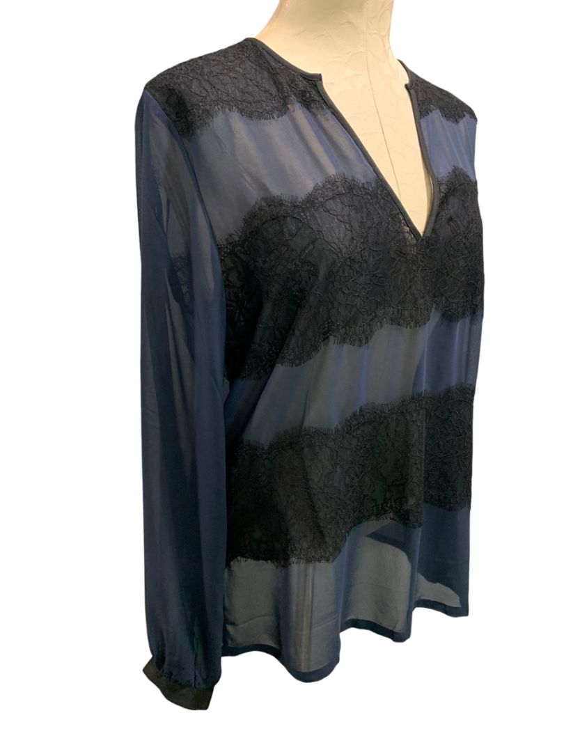Medium Ann Taylor Womens Sheer V-Neck Pullover Shirt Navy Blue Black