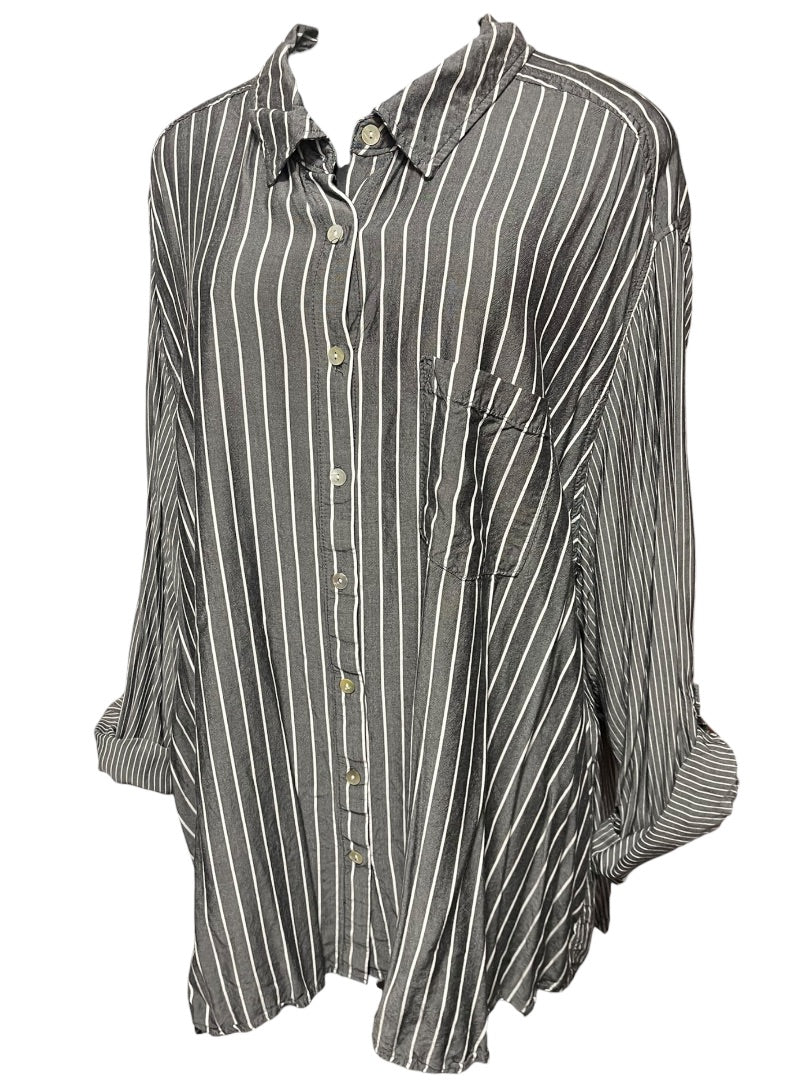 Size 3X Jane & Delancey Striped Roll Tab Sleeve Button Down Womens Top Gray