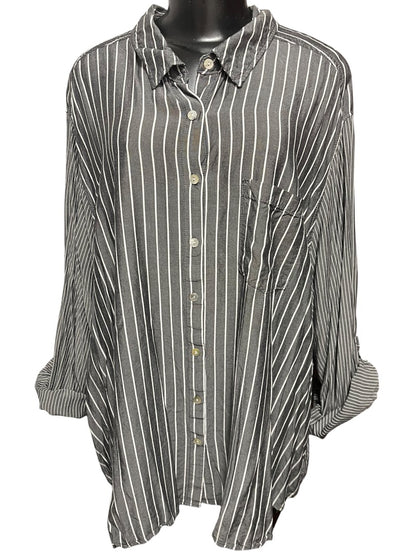 Size 3X Jane & Delancey Striped Roll Tab Sleeve Button Down Womens Top Gray