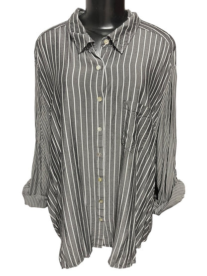 Size 3X Jane & Delancey Striped Roll Tab Sleeve Button Down Womens Top Gray