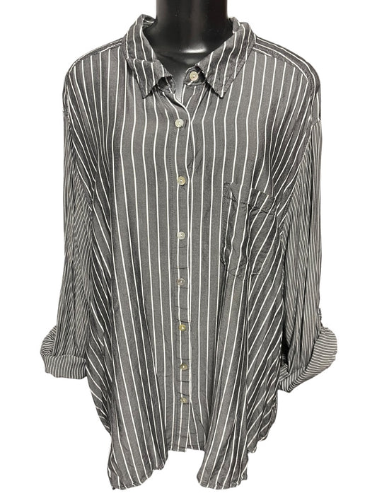 Size 3X Jane & Delancey Striped Roll Tab Sleeve Button Down Womens Top Gray