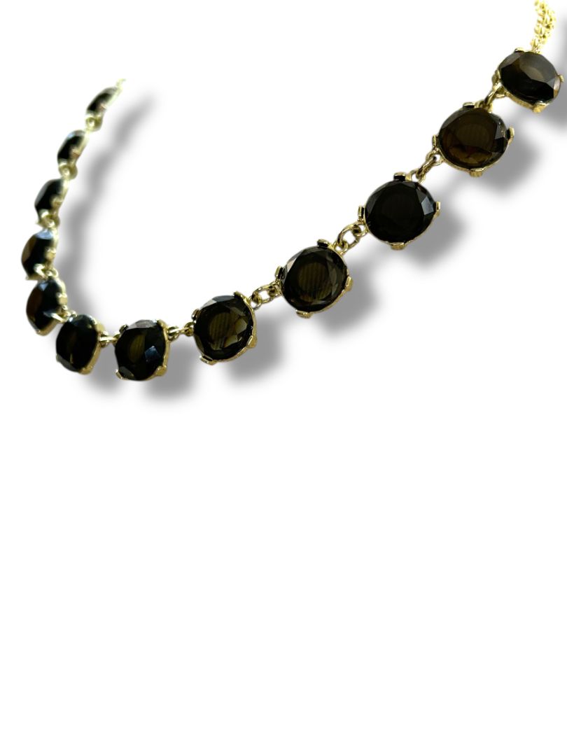 Goldtone Necklace Round Smoky Beads Lays Flat 21"
