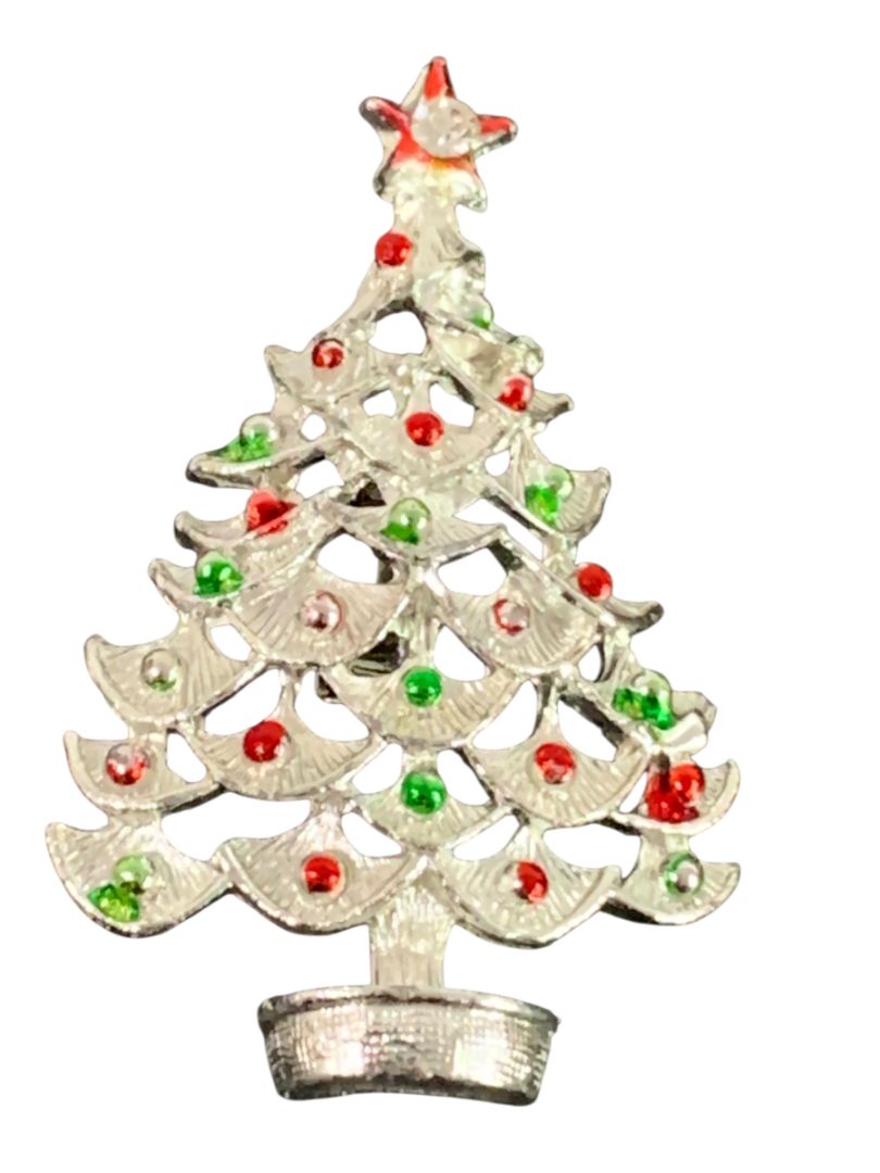 Silvertone Red Green Christmas Tree Brooch Pin 2.25" Holiday