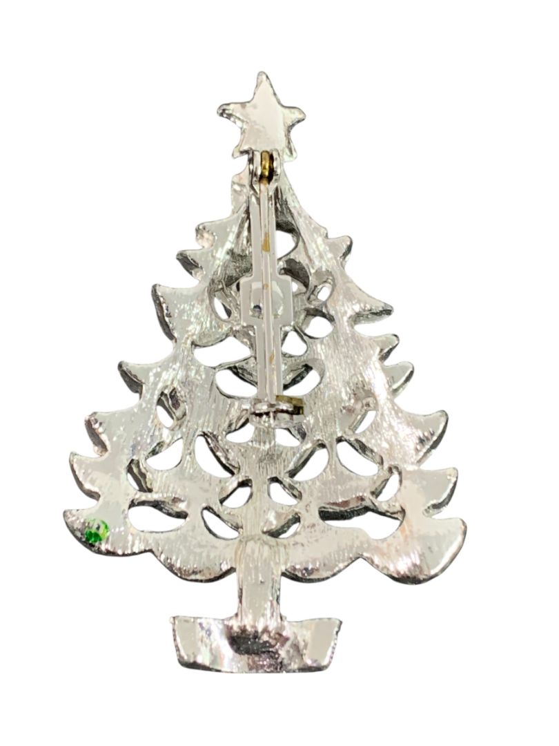 Silvertone Red Green Christmas Tree Brooch Pin 2.25" Holiday