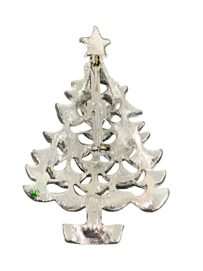 Silvertone Red Green Christmas Tree Brooch Pin 2.25" Holiday