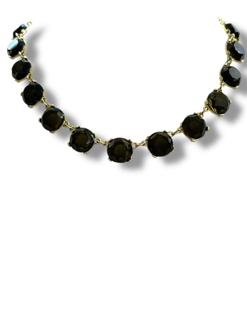 Goldtone Necklace Round Smoky Beads Lays Flat 21"