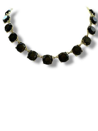 Goldtone Necklace Round Smoky Beads Lays Flat 21"