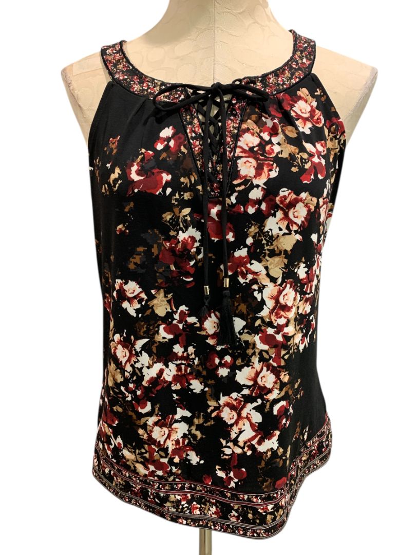 Small White House Black Market Womens Sleeveless Blouse Rose Print Shirt