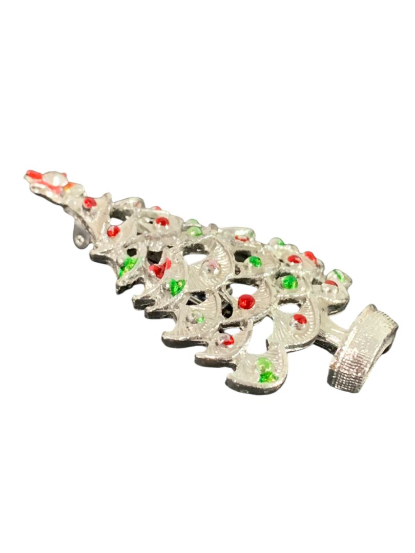 Silvertone Red Green Christmas Tree Brooch Pin 2.25" Holiday