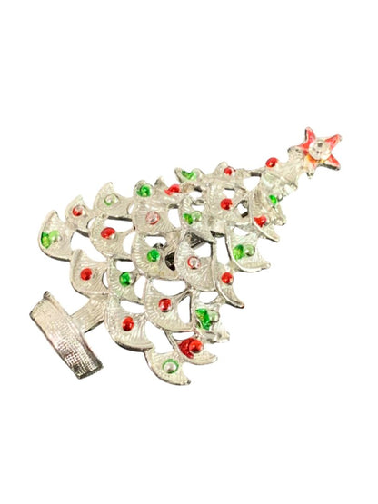 Silvertone Red Green Christmas Tree Brooch Pin 2.25" Holiday