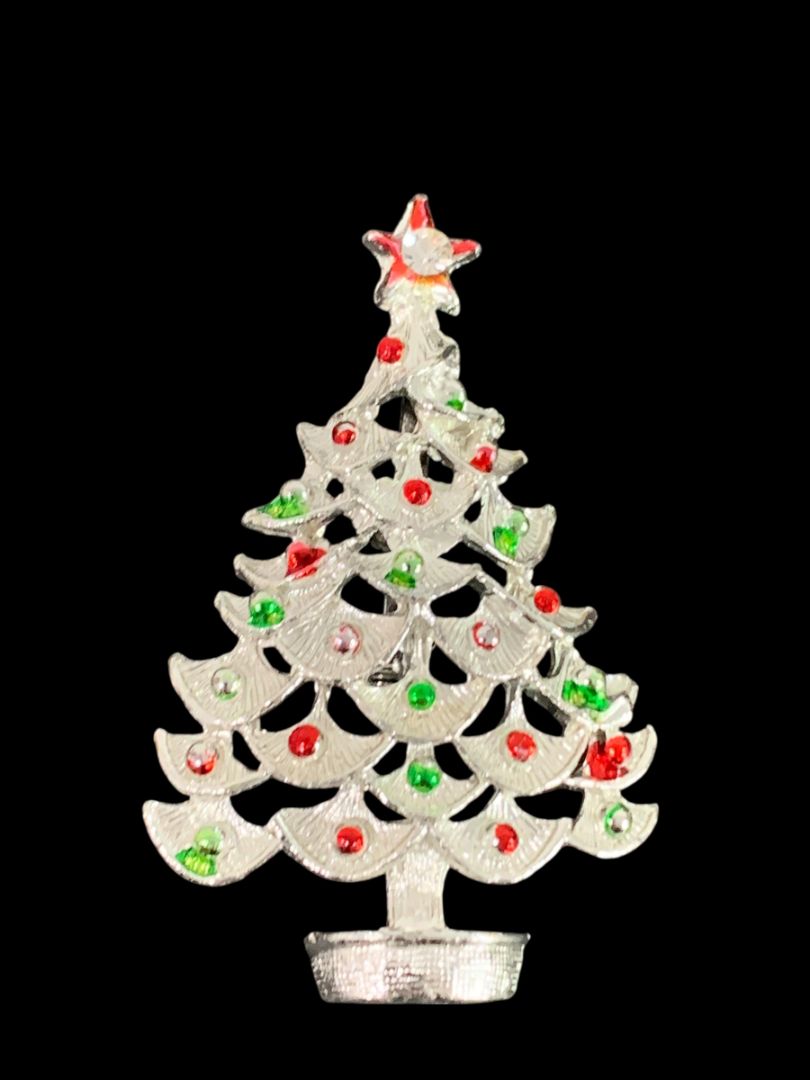 Silvertone Red Green Christmas Tree Brooch Pin 2.25" Holiday