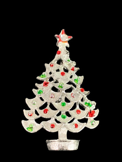 Silvertone Red Green Christmas Tree Brooch Pin 2.25" Holiday