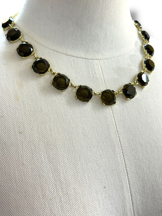 Goldtone Necklace Round Smoky Beads Lays Flat 21"