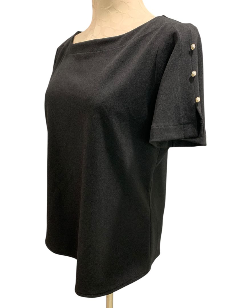 Medium Ann Taylor Womens Pullover Black Shirt Button Embellished Short Sleeve
