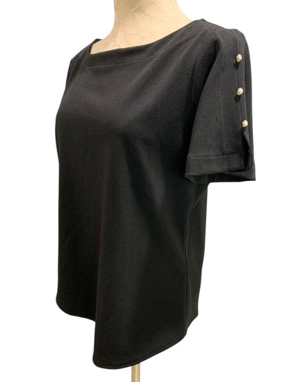 Medium Ann Taylor Womens Pullover Black Shirt Button Embellished Short Sleeve