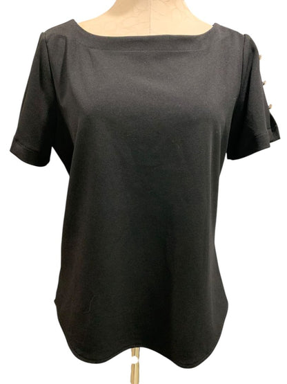 Medium Ann Taylor Womens Pullover Black Shirt Button Embellished Short Sleeve