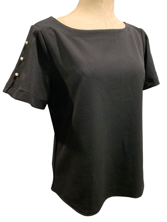 Medium Ann Taylor Womens Pullover Black Shirt Button Embellished Short Sleeve