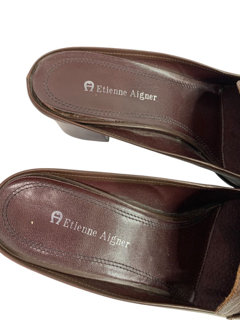 Size 8.5M Etienne Aigner Womens Sharon Block Heel Loafer Mule Brown Leather