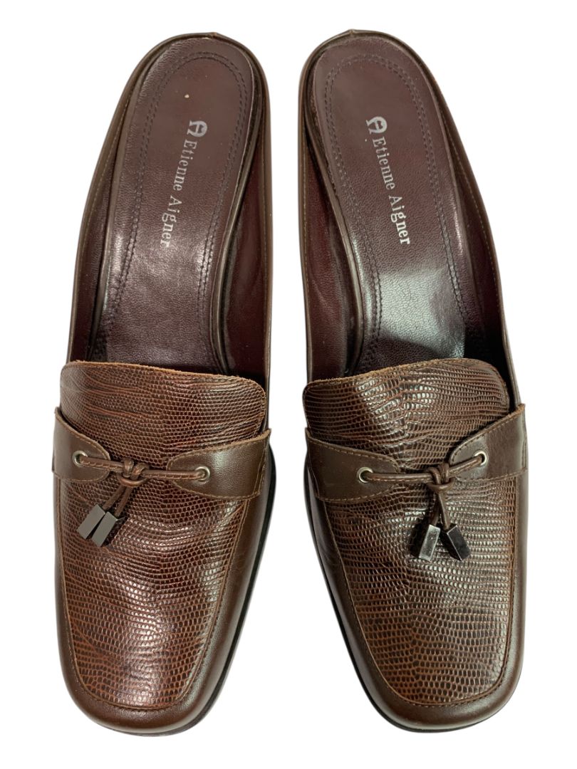 Size 8.5M Etienne Aigner Womens Sharon Block Heel Loafer Mule Brown Leather