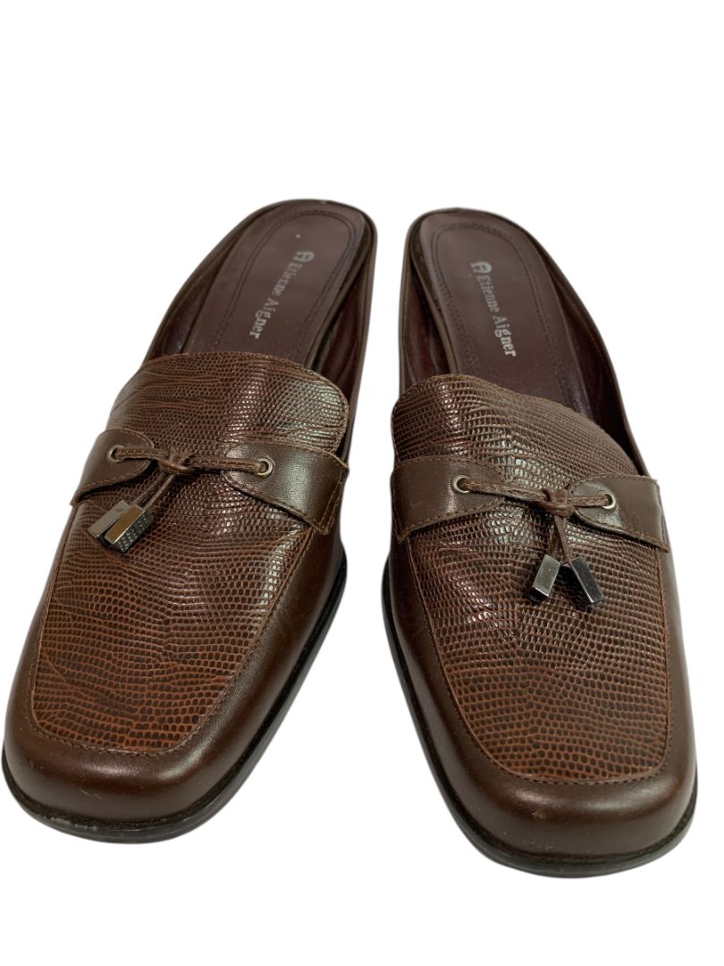 Size 8.5M Etienne Aigner Womens Sharon Block Heel Loafer Mule Brown Leather