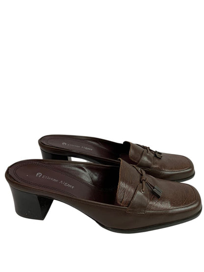 Size 8.5M Etienne Aigner Womens Sharon Block Heel Loafer Mule Brown Leather