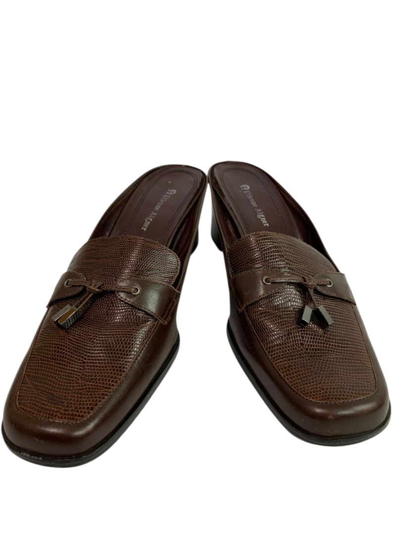 Size 8.5M Etienne Aigner Womens Sharon Block Heel Loafer Mule Brown Leather