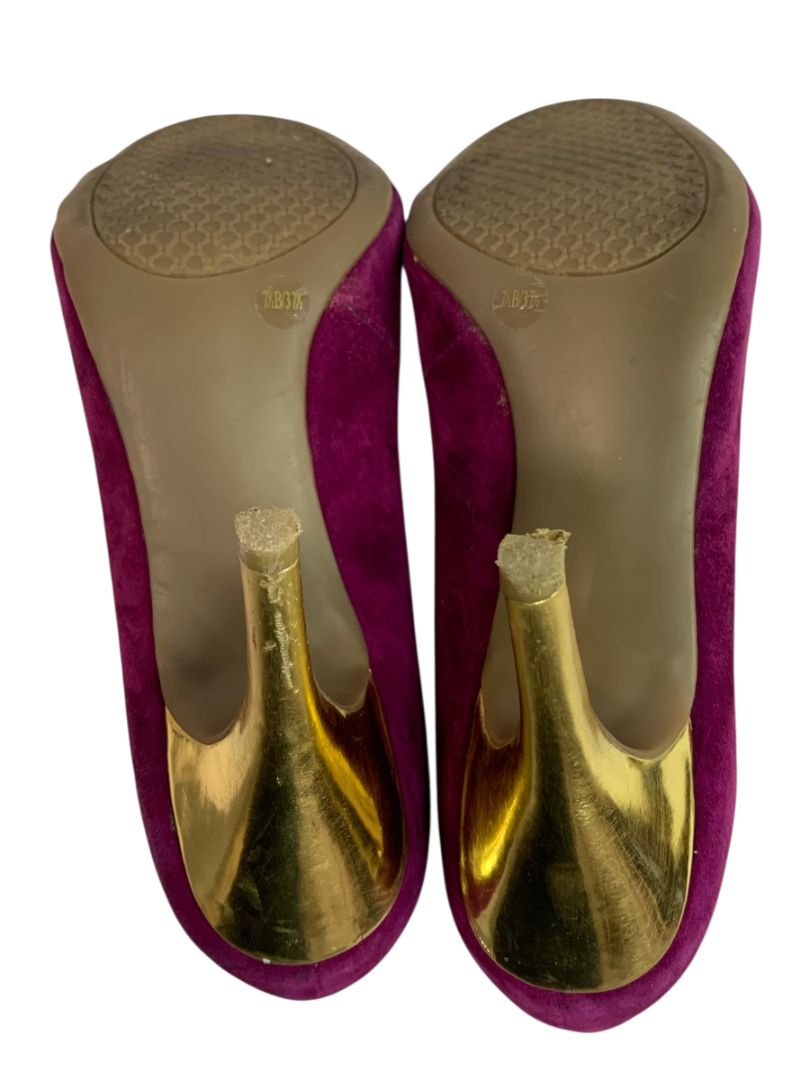 Size 7.5 Jessica Simpson Womens Oscar Purple Faux Suede Heels Gold Flaws
