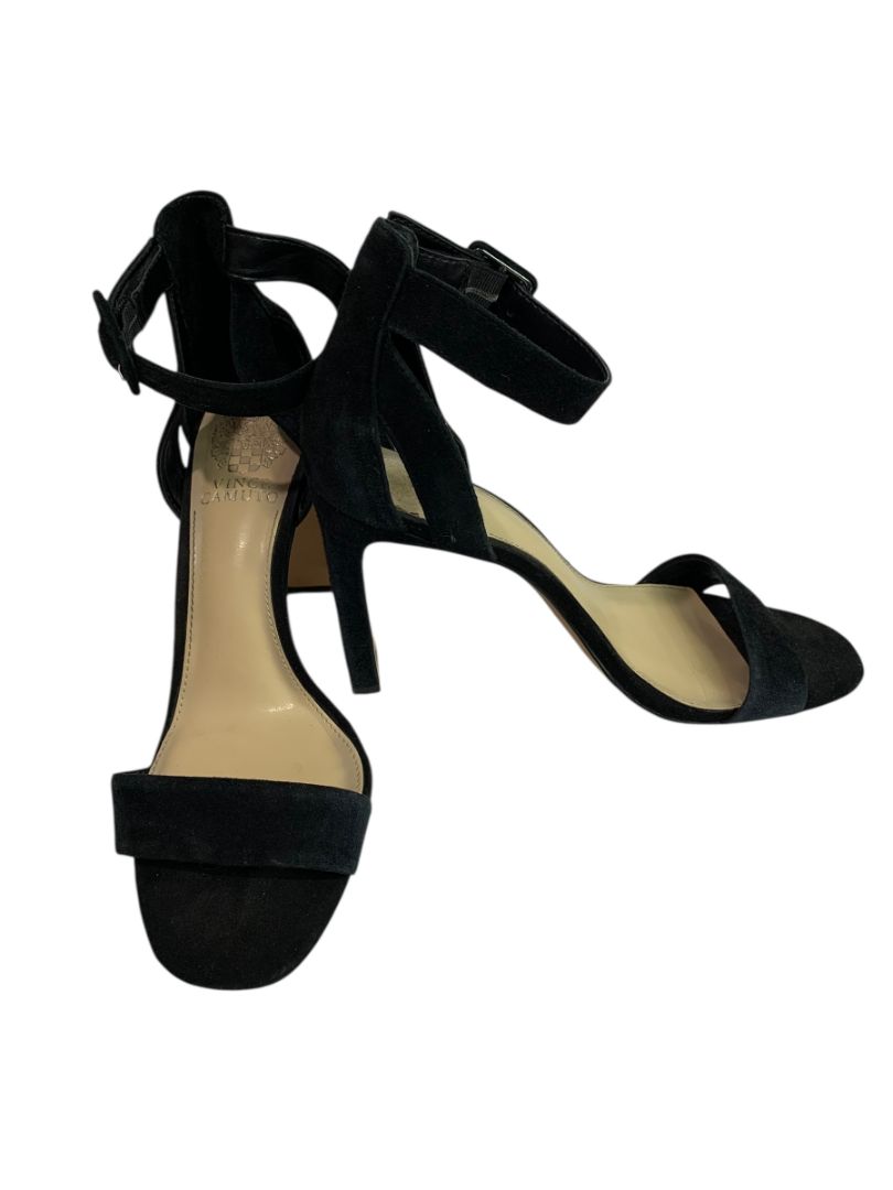Size 8.5 Vince Camuto Black Microfiber Sandal 4" Heels Ankle Strap