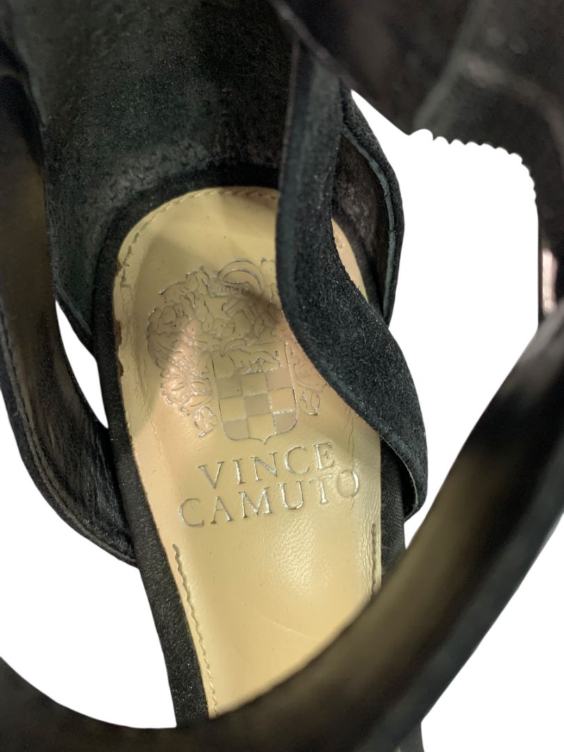 Size 8.5 Vince Camuto Black Microfiber Sandal 4" Heels Ankle Strap