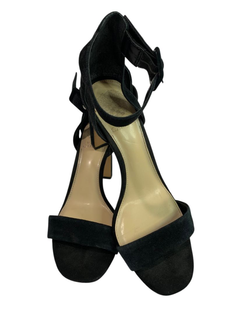 Size 8.5 Vince Camuto Black Microfiber Sandal 4" Heels Ankle Strap
