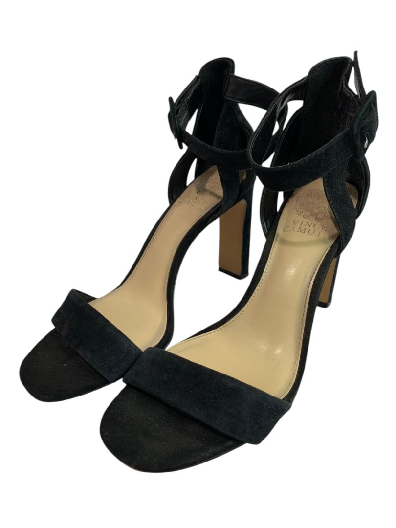 Size 8.5 Vince Camuto Black Microfiber Sandal 4" Heels Ankle Strap