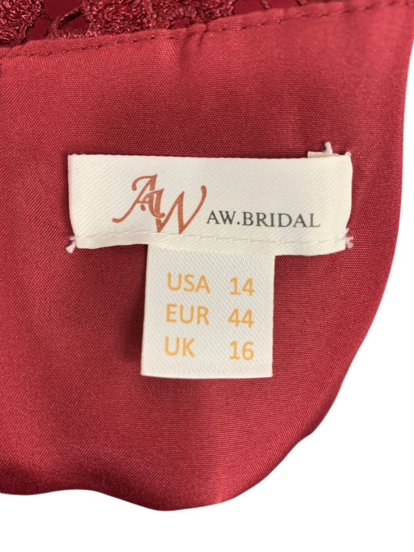 Size 14 A.W. Bridal Dark Red Sheath Dress Lace Overlay Sleeve Wine Burgundy