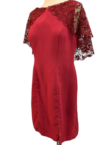 Size 14 A.W. Bridal Dark Red Sheath Dress Lace Overlay Sleeve Wine Burgundy