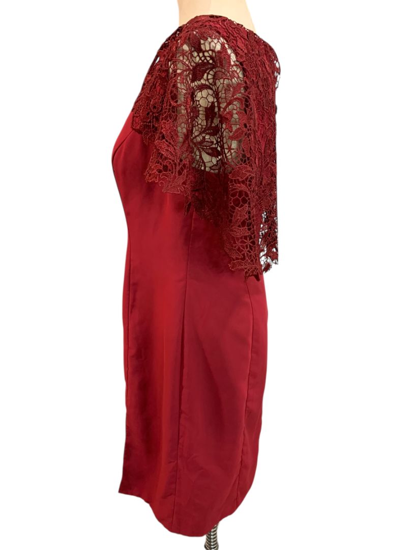 Size 14 A.W. Bridal Dark Red Sheath Dress Lace Overlay Sleeve Wine Burgundy