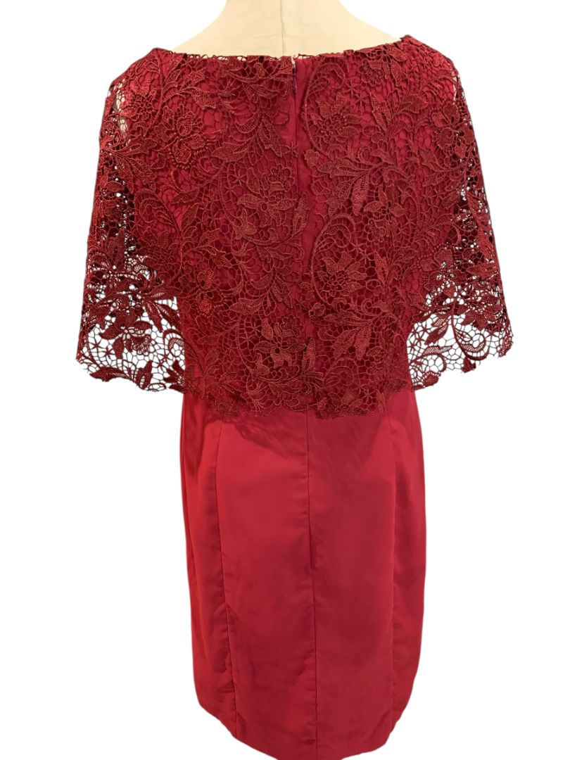 Size 14 A.W. Bridal Dark Red Sheath Dress Lace Overlay Sleeve Wine Burgundy