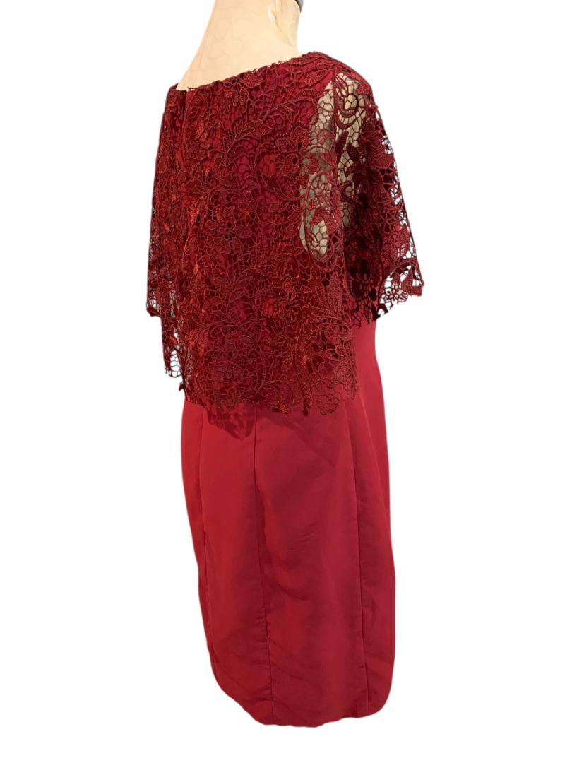 Size 14 A.W. Bridal Dark Red Sheath Dress Lace Overlay Sleeve Wine Burgundy