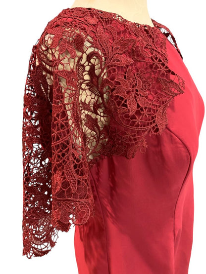 Size 14 A.W. Bridal Dark Red Sheath Dress Lace Overlay Sleeve Wine Burgundy