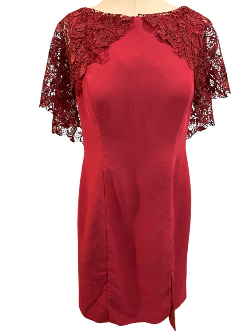 Size 14 A.W. Bridal Dark Red Sheath Dress Lace Overlay Sleeve Wine Burgundy