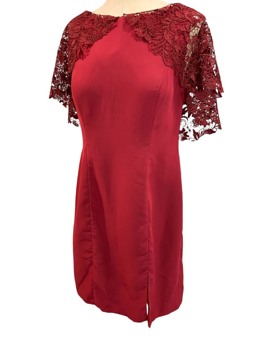 Size 14 A.W. Bridal Dark Red Sheath Dress Lace Overlay Sleeve Wine Burgundy