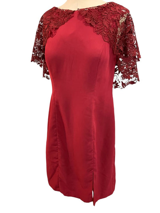 Size 14 A.W. Bridal Dark Red Sheath Dress Lace Overlay Sleeve Wine Burgundy