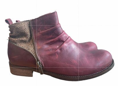 7.5 CAT CATERPILLAR KILEY Maroon Burgundy Leather Tweed Ankle Boots Zip