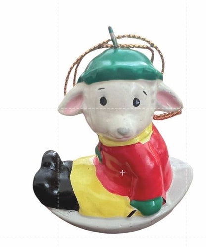 1982 Sheep Sledding Christmas Ornament Midwest Importers Holidays Vintage