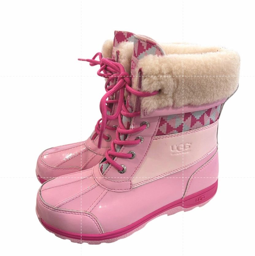 Size 5 Ugg Butte Mono Womens Lace Up Fur Lined Mid Calf Boot Pink EUC
